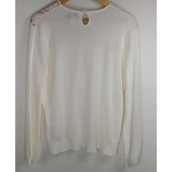 Vtg Rena Rowan Ivory Knit Lace Pearl Embellished Knit Blouse Top Womens Size L - Picture 3 of 8